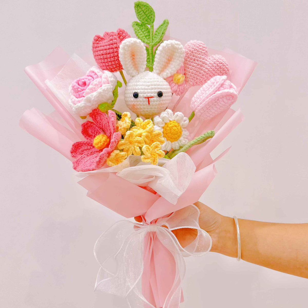 Handmade Crochet Red Perky Bunny Mixed Bouquet