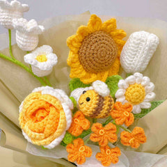 Handmade Crochet Elegant Warm Sunflower Bee Bouquet