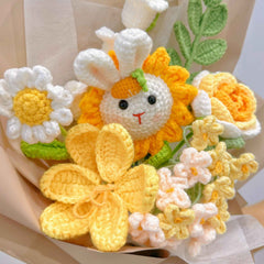 Handmade Crochet Warm Sunflower Bunny and Blooming Tulip Bouquet