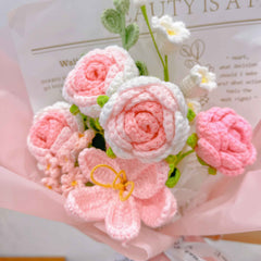 Handmade Crochet Pink Elegant Romantic Roses and Flowering Tulips Bouquet