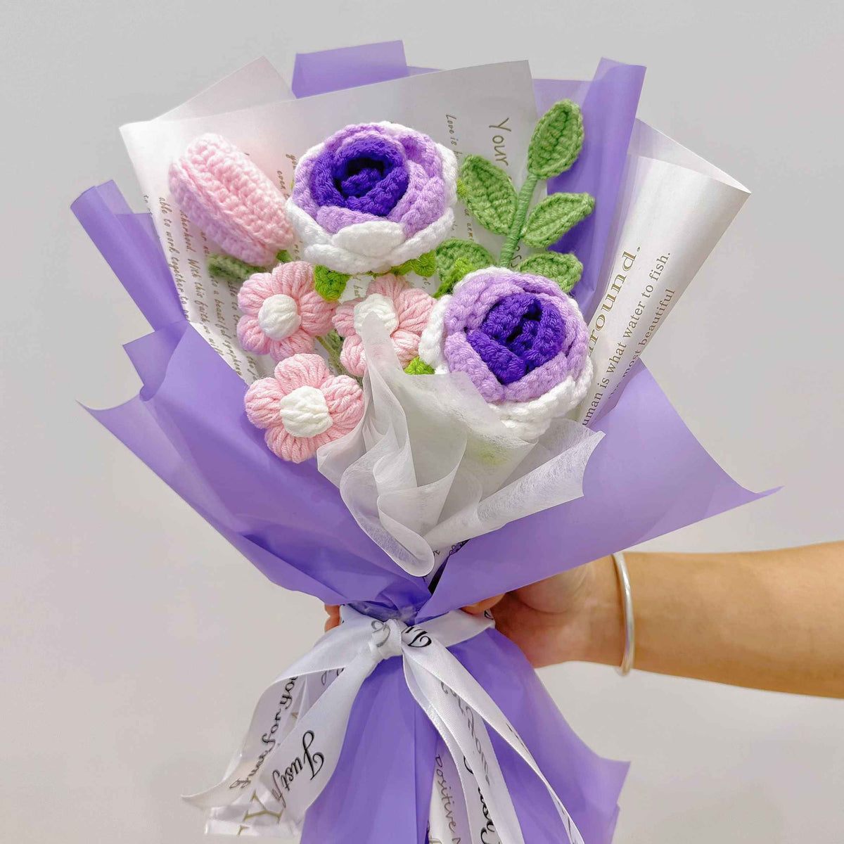 Handmade Crochet Sweet Purple Roses Mixed Bouquet