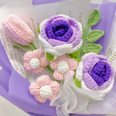 Handmade Crochet Sweet Purple Roses Mixed Bouquet