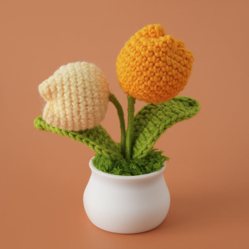 Gradient colour tulips handmade crochet potted plant car ornament mother's day graduation season gift